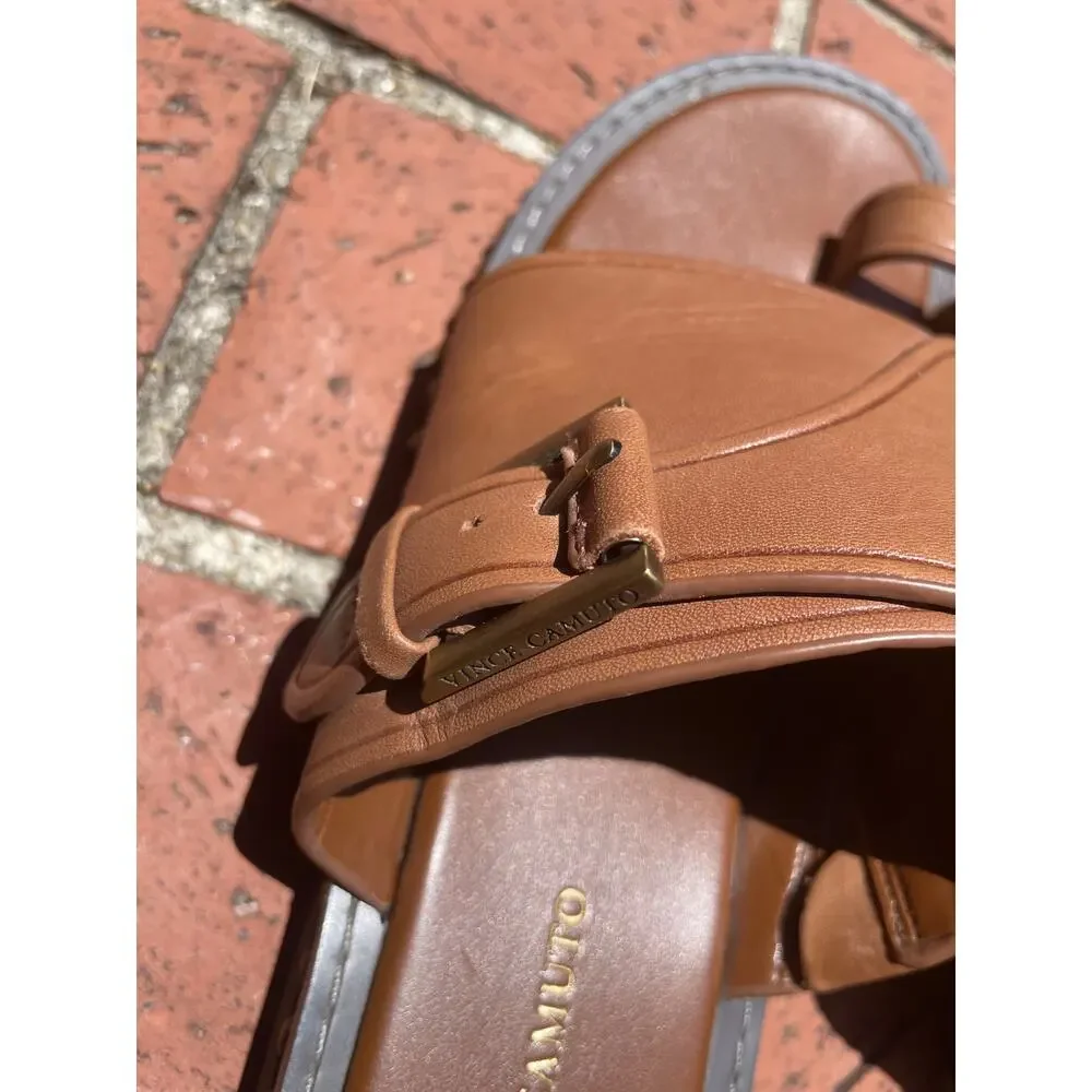 Vince Camuto Cooliann Toe Ring Leather Slide Sandals Tan Cognac Women's 8